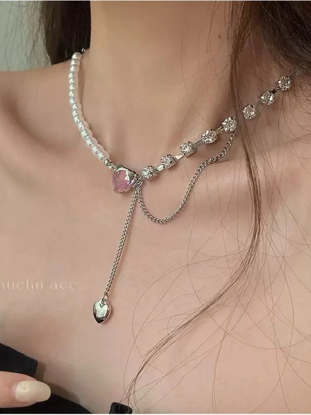 Anthropologie Silver Pearled Necklace with Pink Heart Accent